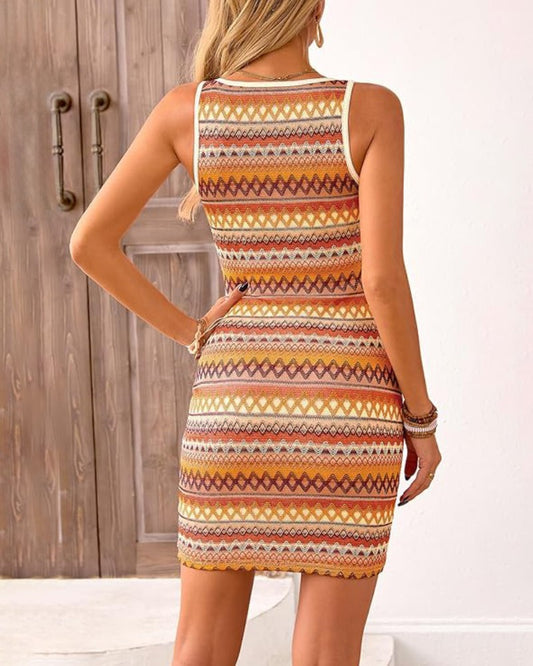 Striped Square Neck Sleeveless Sundress Casual Tank Bodycon Mini Beach Boho Dress