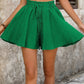 Dark Green Textured Frilled Lace-up High Waist Ruffle Wide Leg Shorts