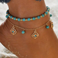 Gold Turquoise Beaded Flower Charm Layered Adjustable Anklet