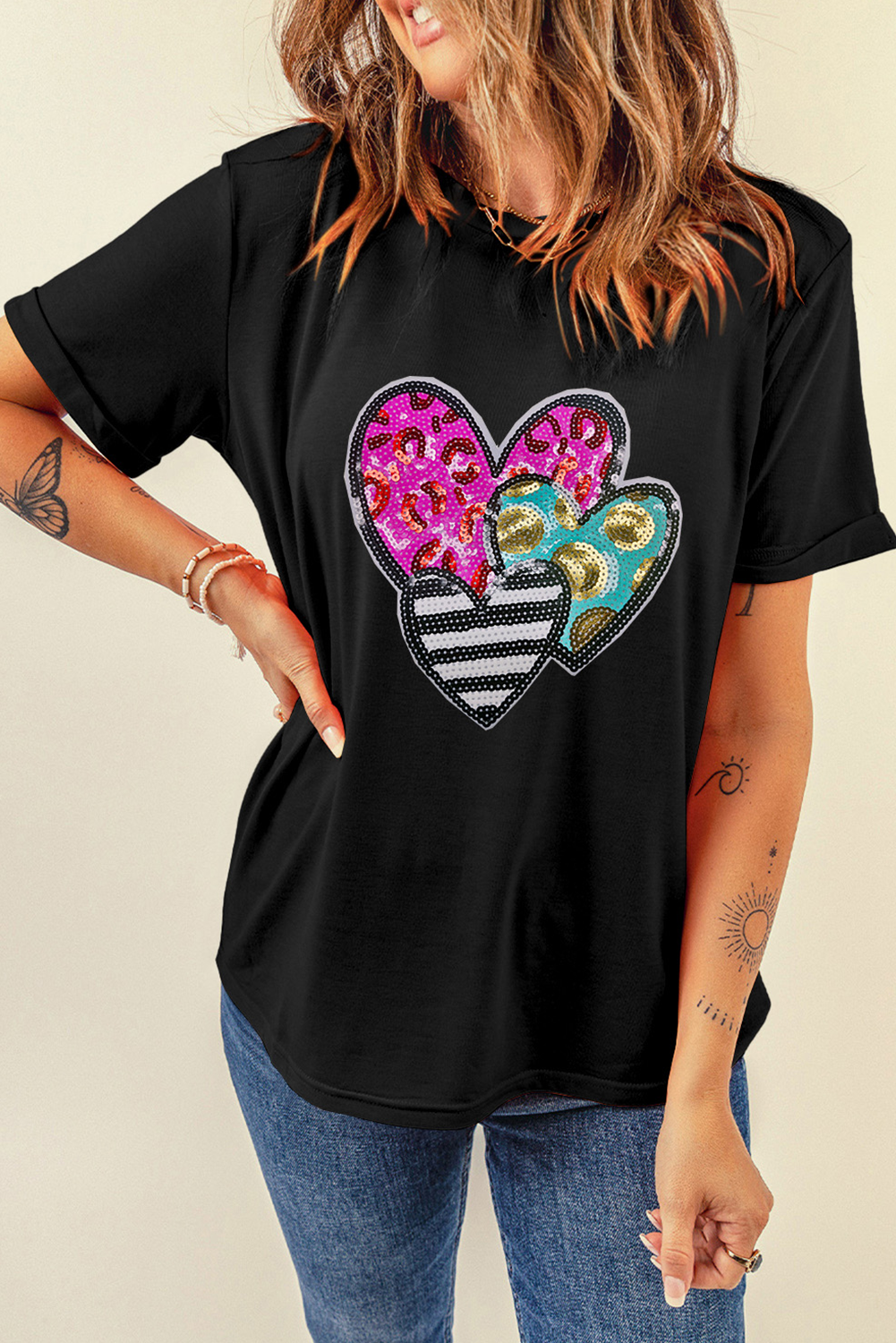Black Trio Heart Patched Valentines Fashion Tee