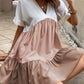 Light French Beige Triple Colors V Neck Folded Cuffs Tiered Loose Dress