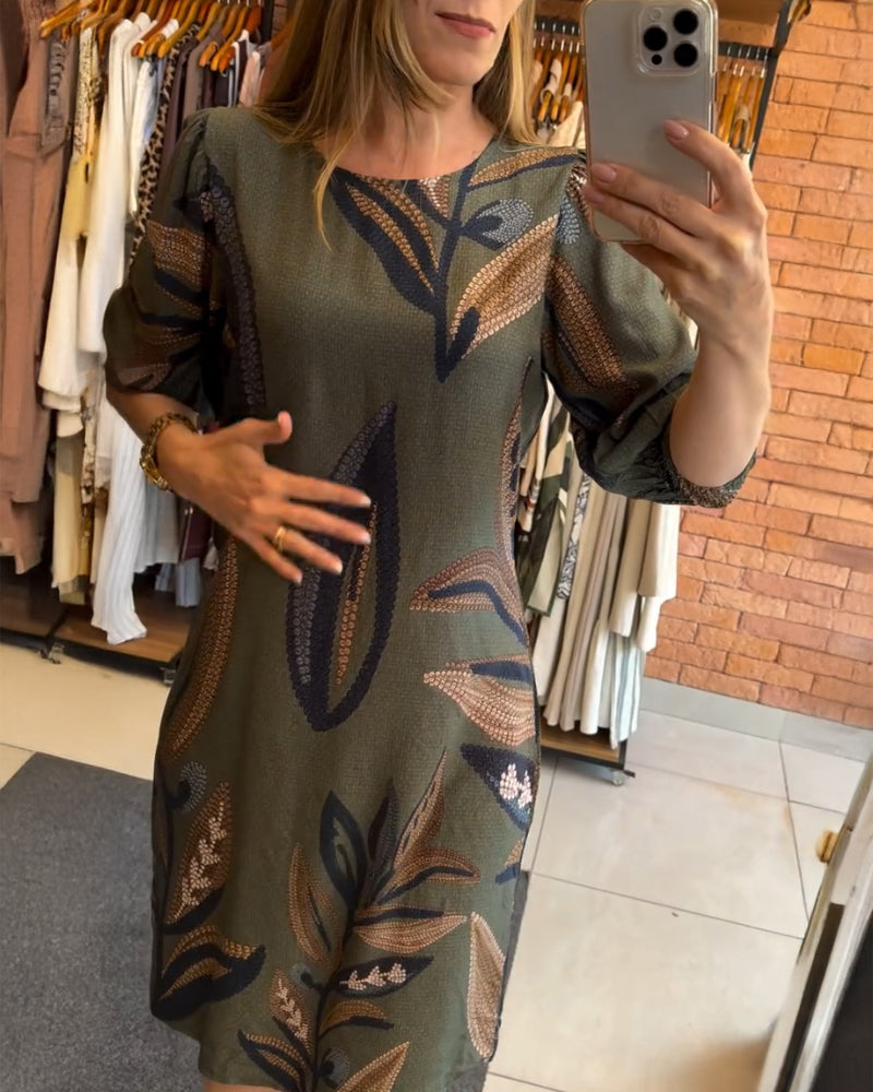 Plants Print Round Neck Half Sleeve Midi Dress
