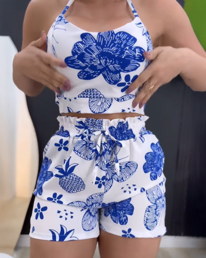 2 Pieces Outfit Floral Print Halter Backless Tied Detail Tank and Fruit Print Shirred Drawstring Shorts Set