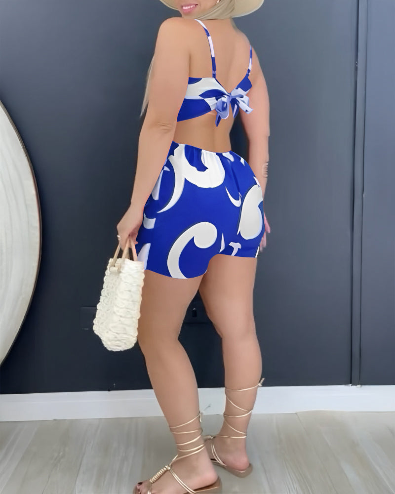 Floral Print Bowknot Decor Spaghetti Strap Skort Romper Casual Hollow out Slim Fit Jumpsuit