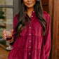 Burgundy Corduroy Ruffle Tiered Buttoned O Neck Shirt