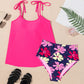 Rose Red Tie Shoulder Floral Print Cute Tankini Set