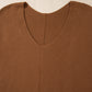 Camel Ribbed Knit Drop Sleeve V Neck Loose Fit Sweater