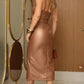 PU Bandeau Spaghetti Strap Bodycon Dress Casual Waist Tied Detail Front Slit Midi Dress