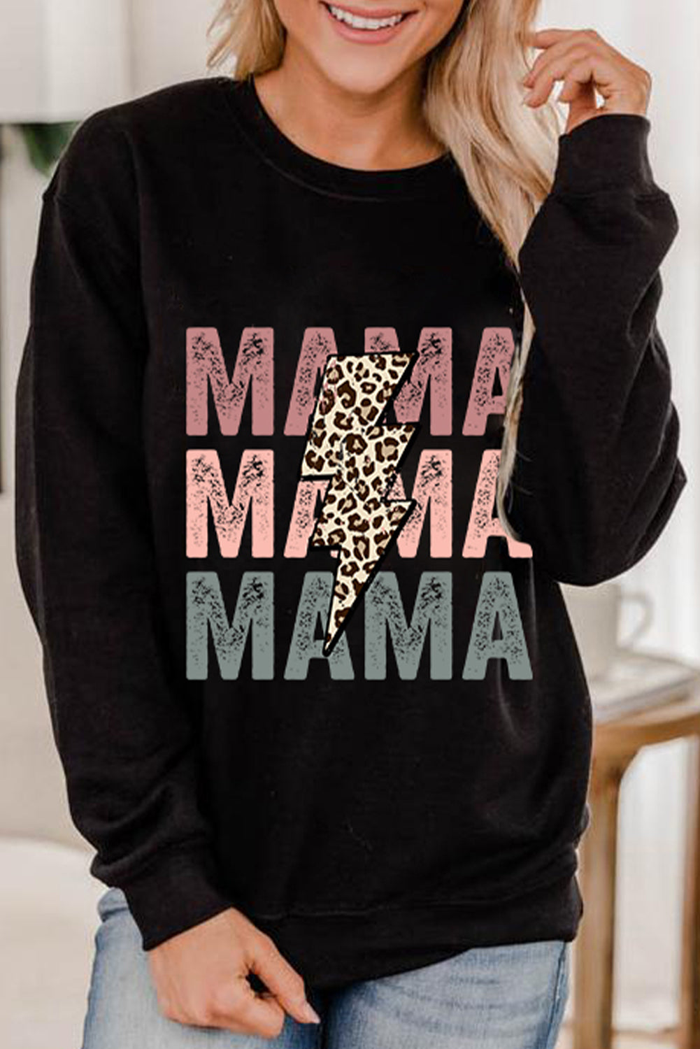 Black Leopard Lightning MAMA Graphic Pullover Sweatshirt