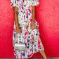 Rose Abstract Print Short Puff Sleeve Tiered Maxi Dress