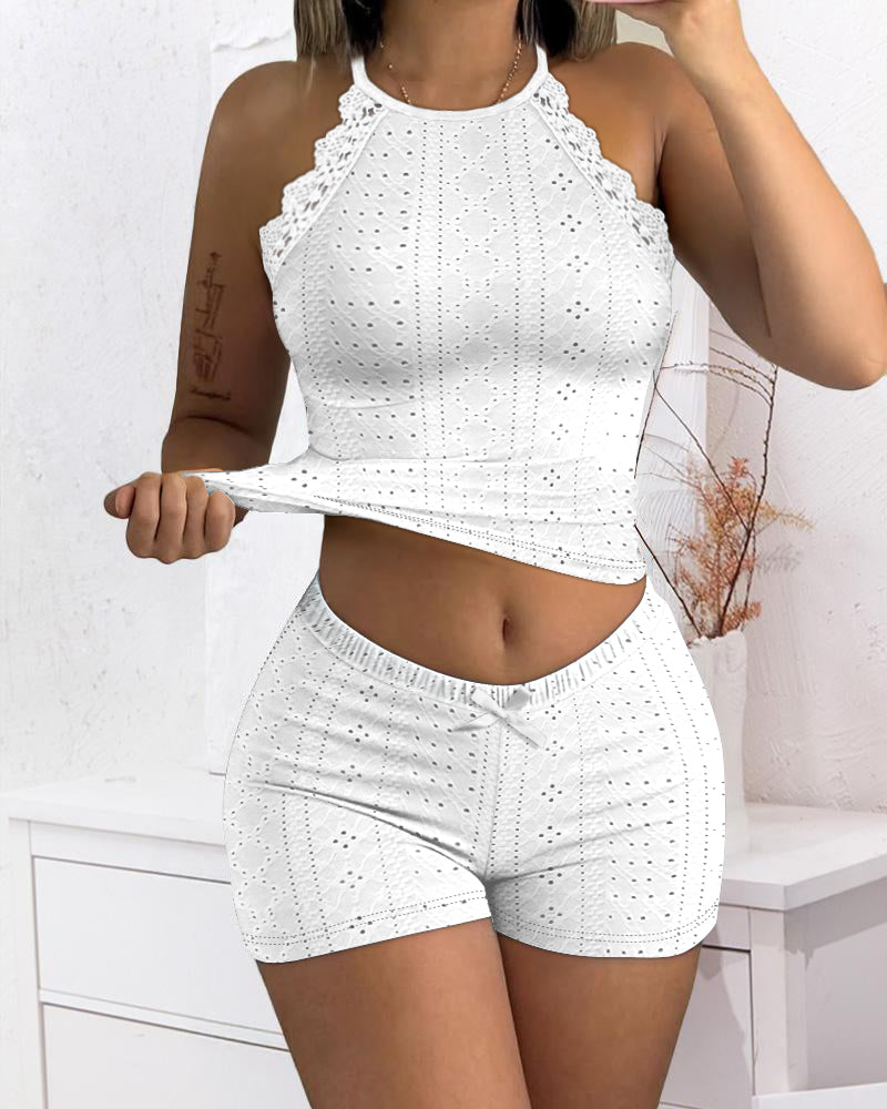 Halter Short Sleeve Hollow out Tank and Casual Shorts Set