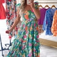 Green Floral Print Sleeveless Ruffle Tiered Maxi Dress