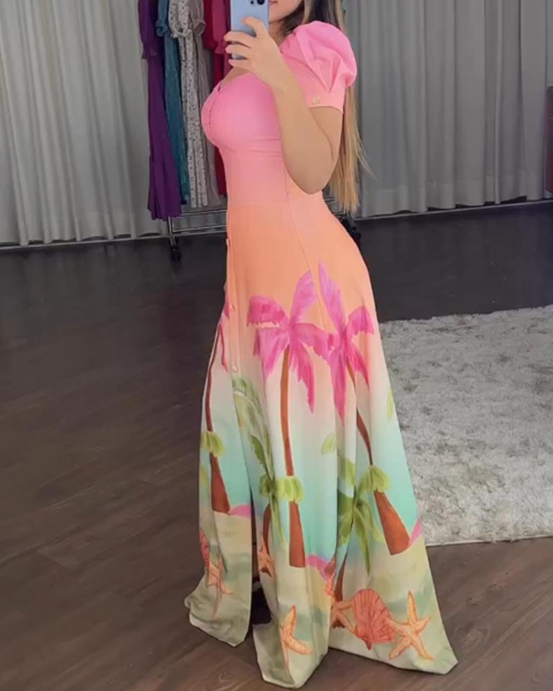 Tropical Print Sewatheart Neck Puff Sleeve Botton Front Slit Long Sleeves Vacation Dress