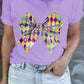 Orchid Petal Checkered Bow Knot Print O Neck Plus Size T Shirt