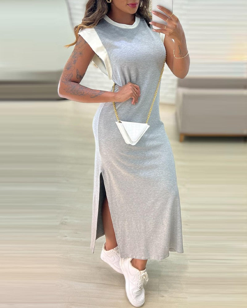 Cap Sleeve Round Neck Side Slit Casual Dress