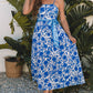 Blue Floral Printed Spaghetti Strap Maxi Dress with Waist Tie