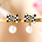 Black Checkered Bow Knot Pearl Pendant Stud Earrings