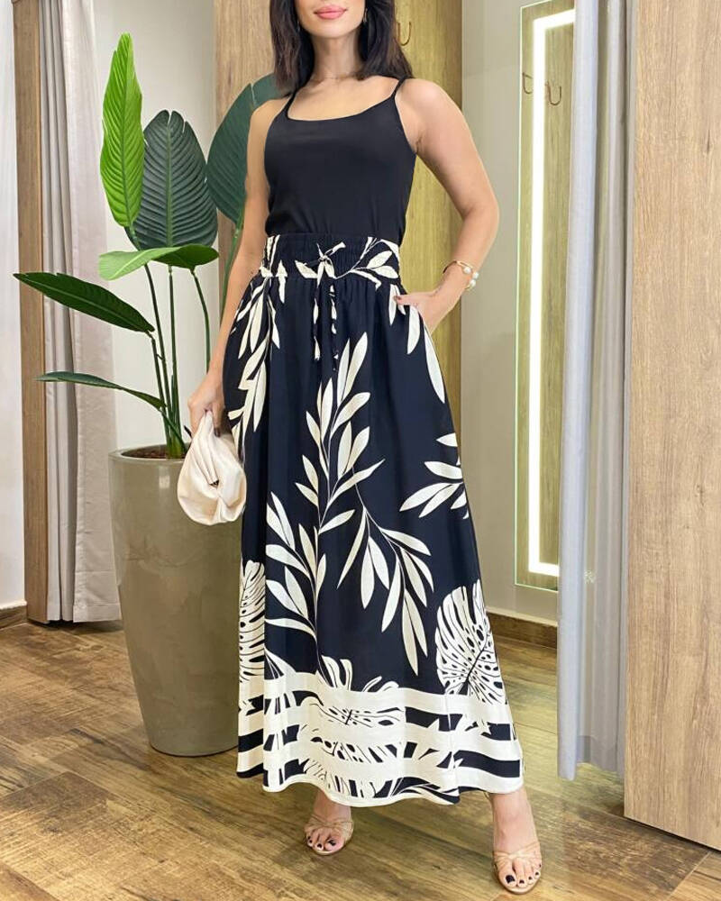 2 Pieces Outfit Spaghetti Strap Crop Tank and Casual Tribal Print Wide Leg Pants Set with Pockets