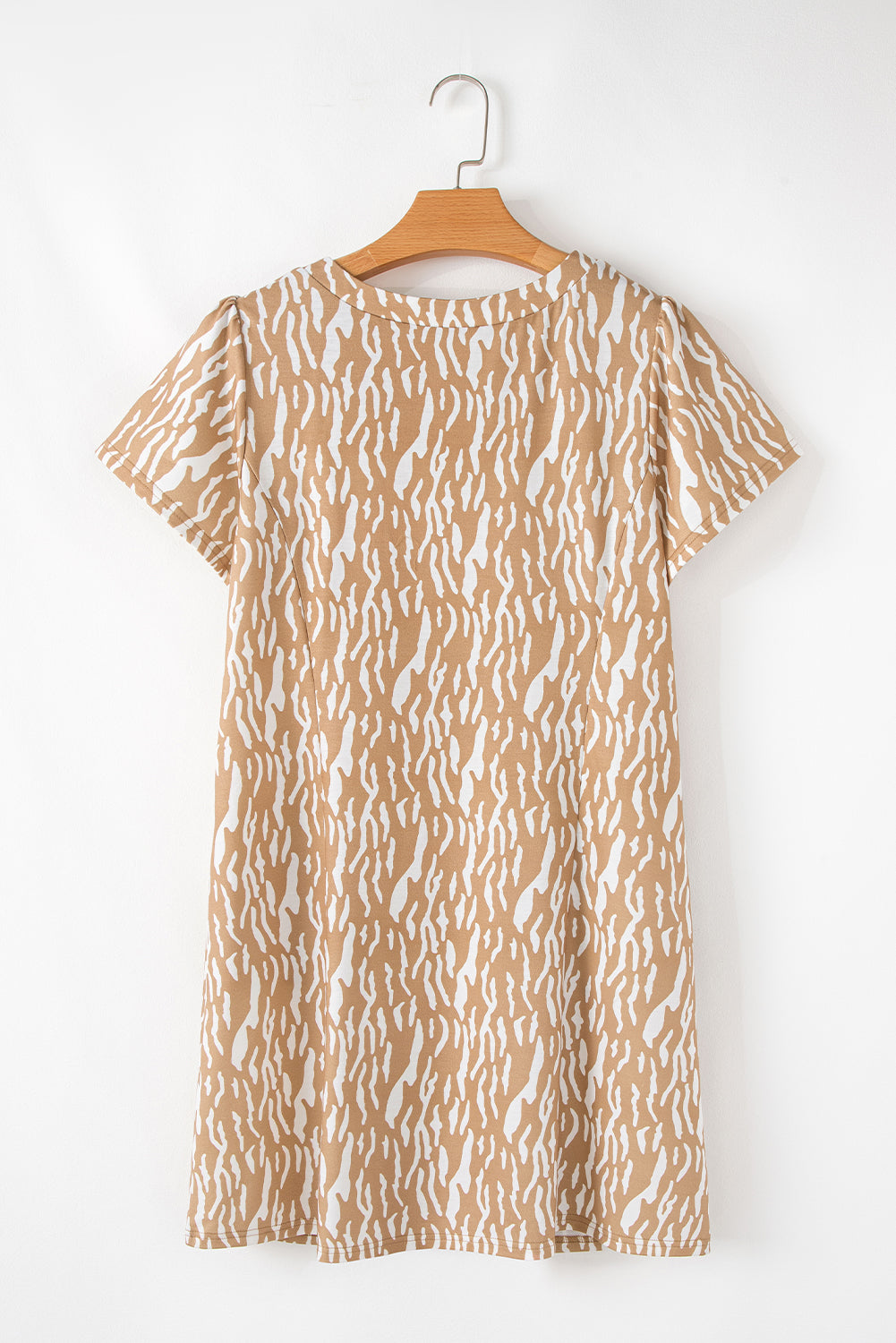 Khaki Abstract Print V Neck Short Sleeve Shift T Shirt Dress