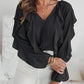 V Neck Shoulder Asymmetrical Ruffles Blouse Casual Button Front Long Sleeve Top