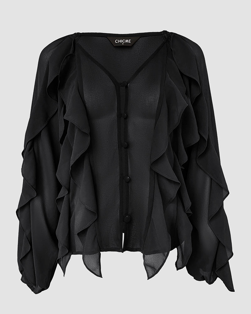V Neck Shoulder Asymmetrical Ruffles Blouse Casual Button Front Long Sleeve Top