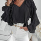 V Neck Shoulder Asymmetrical Ruffles Blouse Casual Button Front Long Sleeve Top
