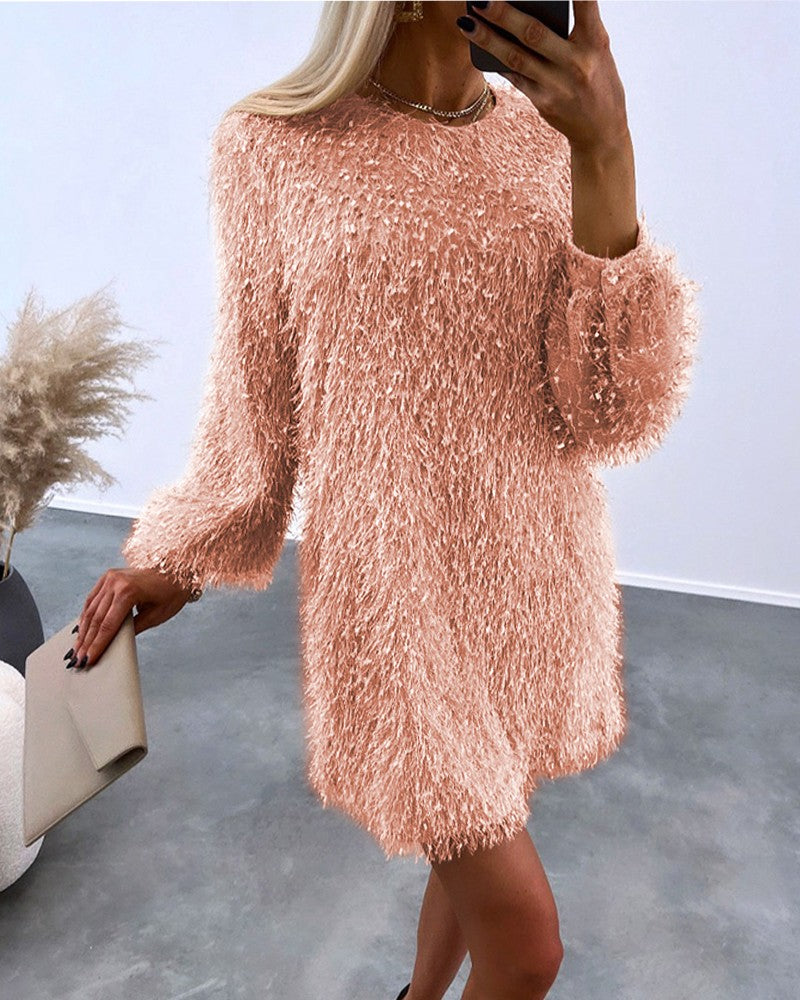 Fluffy Long Sleeve Casual Dress
