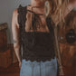 Black Floral Embroidered Buttoned Square Neck Tank Top