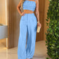 2 Pieces Outfit Weaving Textured Spaghetti Strap Crop Top and Casual Wide Leg Pants Set