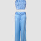 2 Pieces Outfit Weaving Textured Spaghetti Strap Crop Top and Casual Wide Leg Pants Set