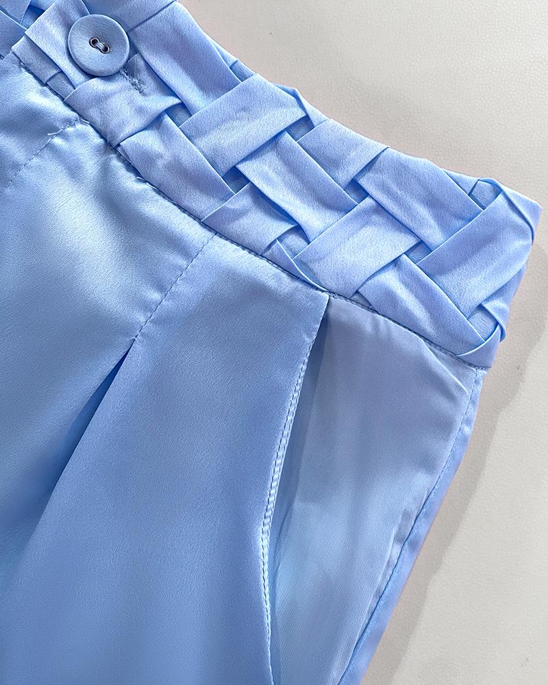 2 Pieces Outfit Weaving Textured Spaghetti Strap Crop Top and Casual Wide Leg Pants Set