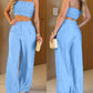 2 Pieces Outfit Weaving Textured Spaghetti Strap Crop Top and Casual Wide Leg Pants Set