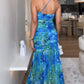 Colorblock Floral Print One Shoulder Ruched Maxi Dress Casual Slim Fit Fishtail Dress