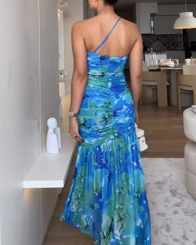 Colorblock Floral Print One Shoulder Ruched Maxi Dress Casual Slim Fit Fishtail Dress