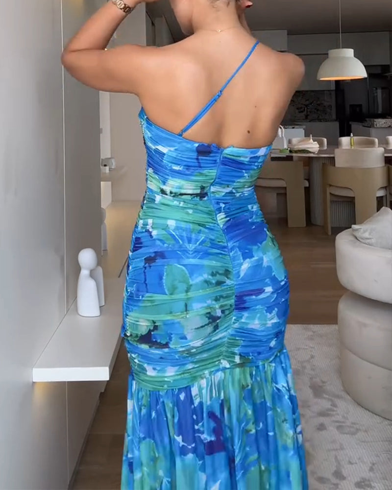 Colorblock Floral Print One Shoulder Ruched Maxi Dress Casual Slim Fit Fishtail Dress
