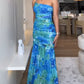 Colorblock Floral Print One Shoulder Ruched Maxi Dress Casual Slim Fit Fishtail Dress