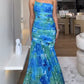Colorblock Floral Print One Shoulder Ruched Maxi Dress Casual Slim Fit Fishtail Dress