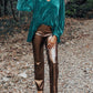 Sea Green Velvet V Neck Peplum Hem Puff Sleeve Blouse