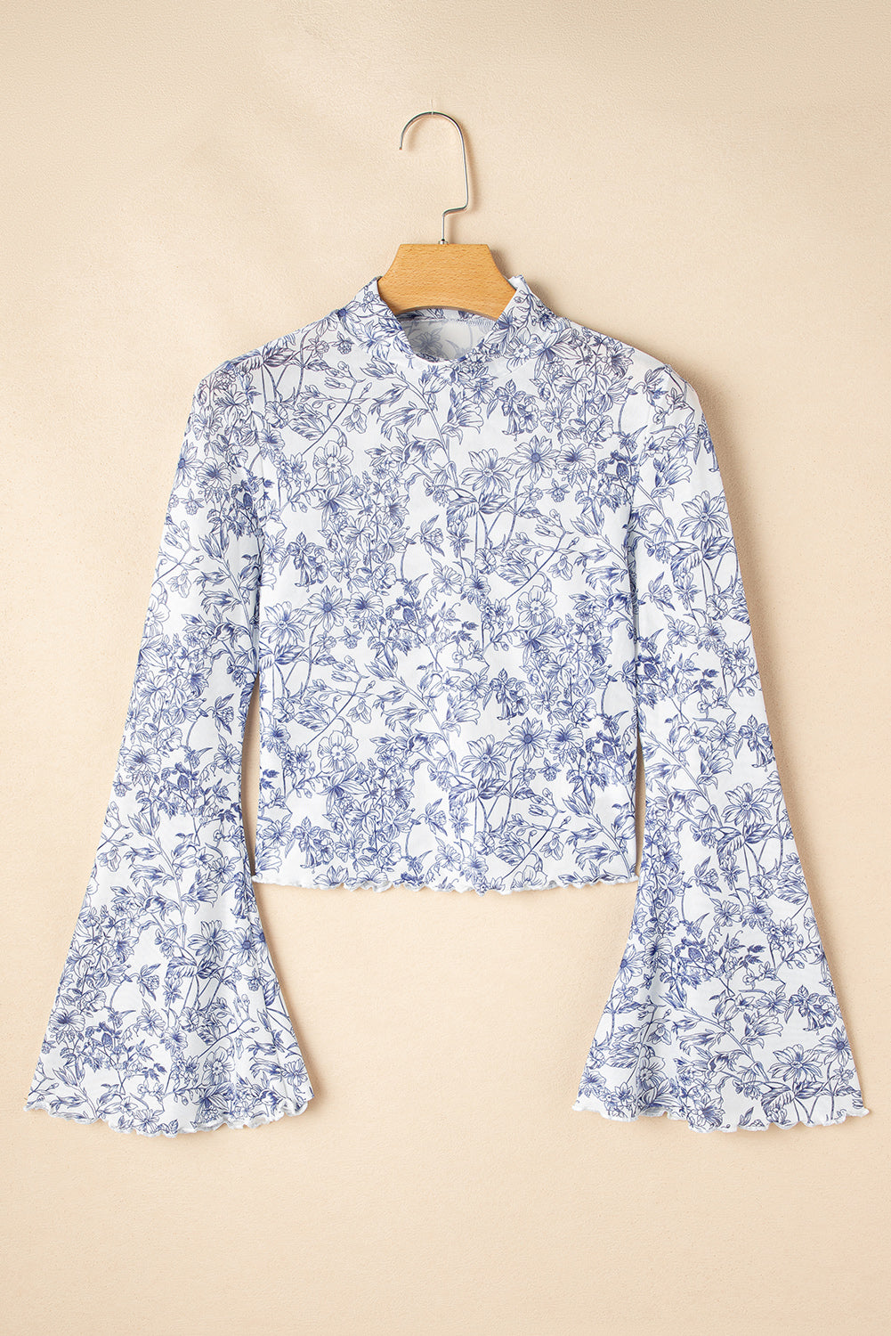 Sky Blue Floral Bell Sleeve Mock Neck Crop Mesh Top