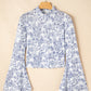 Sky Blue Floral Bell Sleeve Mock Neck Crop Mesh Top