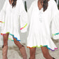 Colorblock V Neck Bell Sleeve A Line Tassel Mini Dress Vacation Dress