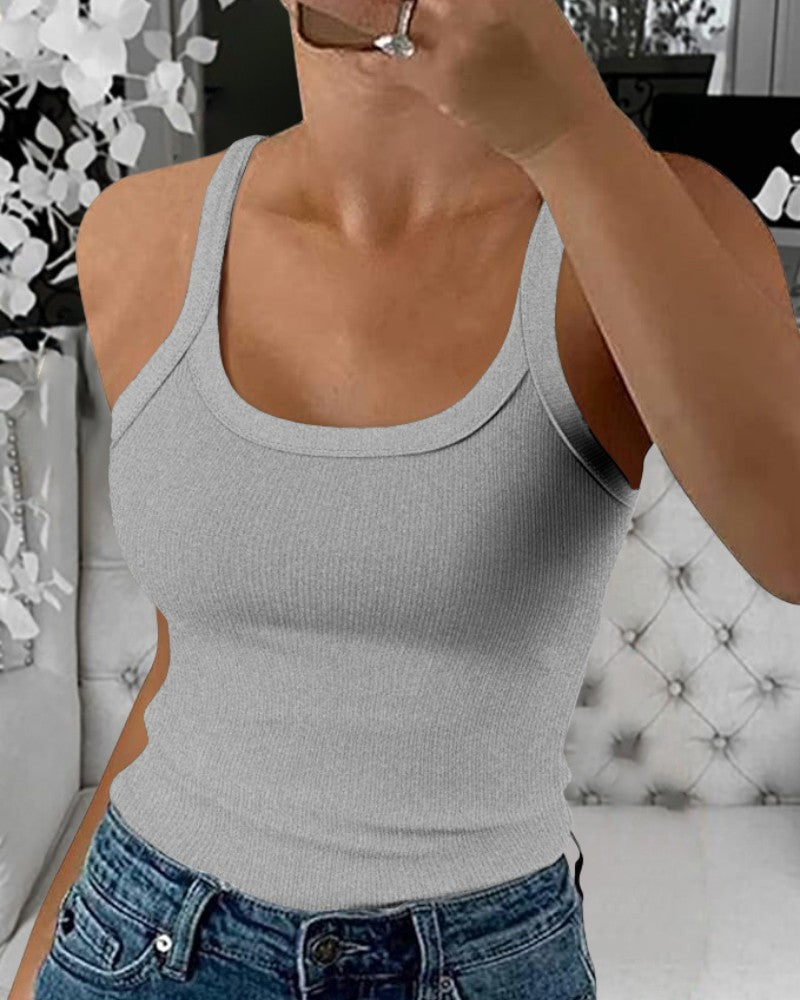 Scoop Neck Spaghetti Strap Ribbed Top Casual Sleeveless Slim Fit Tank