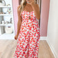 Pink Floral Print Twisted Bandeau Keyhole Pleated Wide Leg Jumpsuit