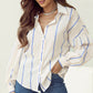 Sky Blue Stripe Drop Shoulder Bubble Sleeve Loose Shirt