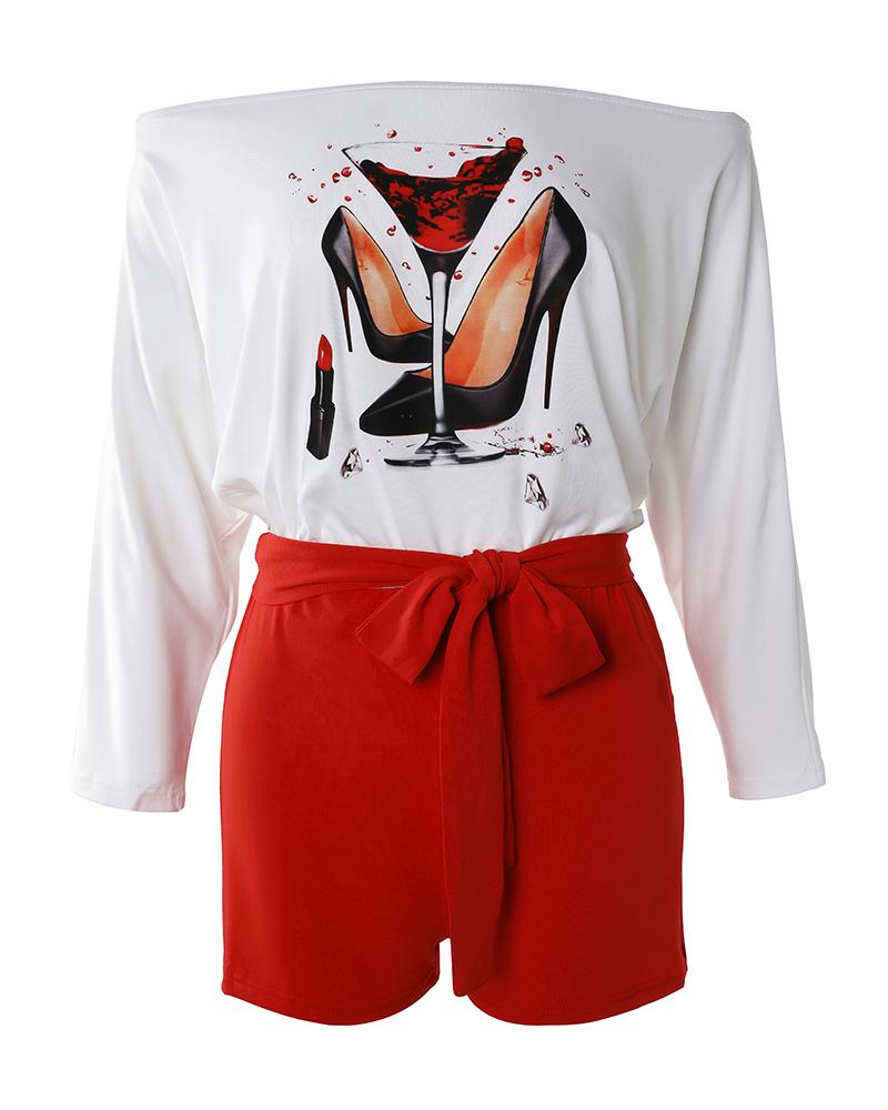 Wine Glass Print Colorblock Off Shoulder Romper