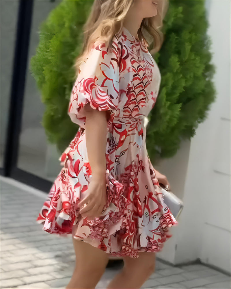 Abstract Print Puff Sleeve Mini Drress Casual Waist A Line Flared Dress