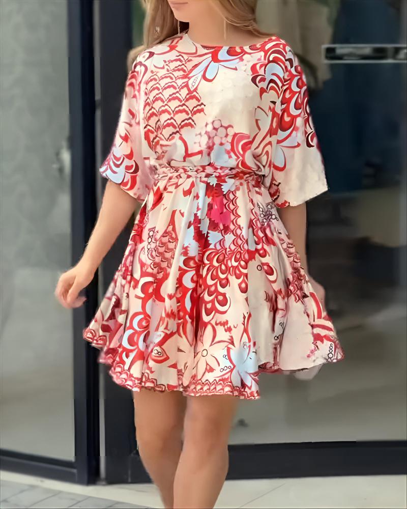 Abstract Print Puff Sleeve Mini Drress Casual Waist A Line Flared Dress