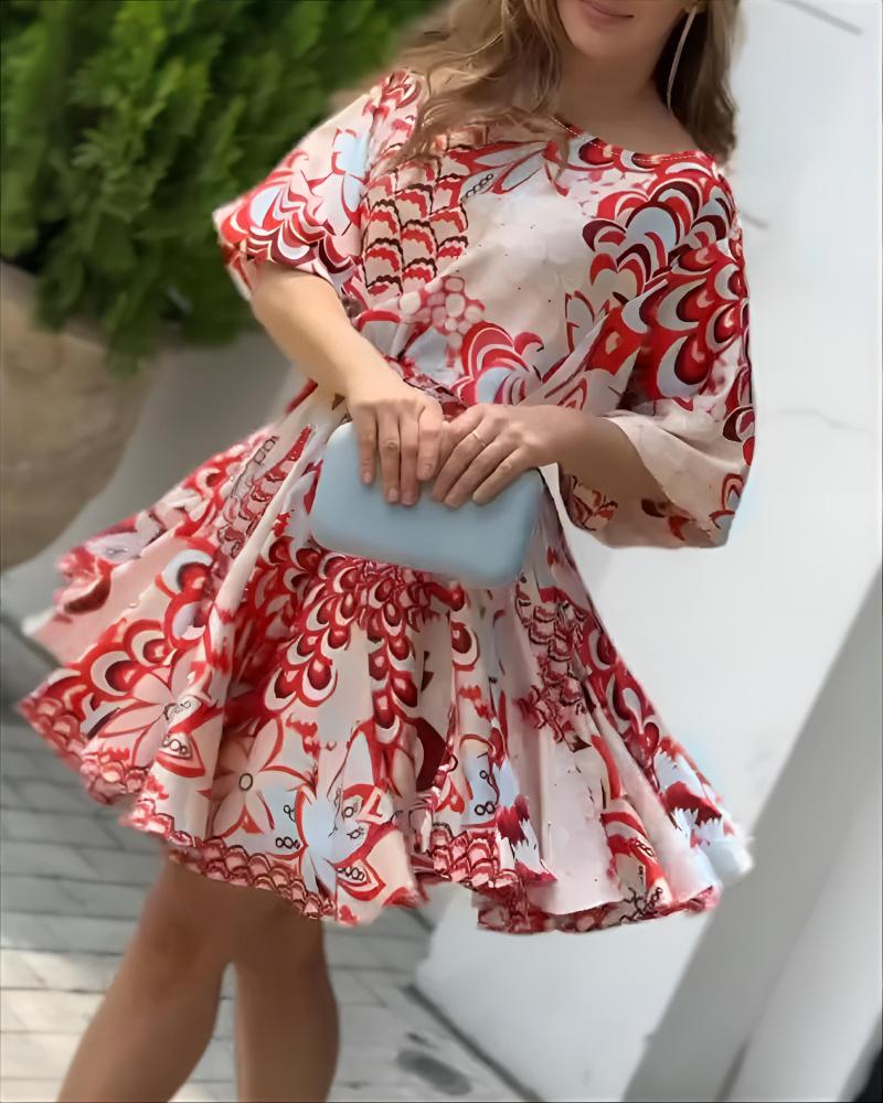 Abstract Print Puff Sleeve Mini Drress Casual Waist A Line Flared Dress