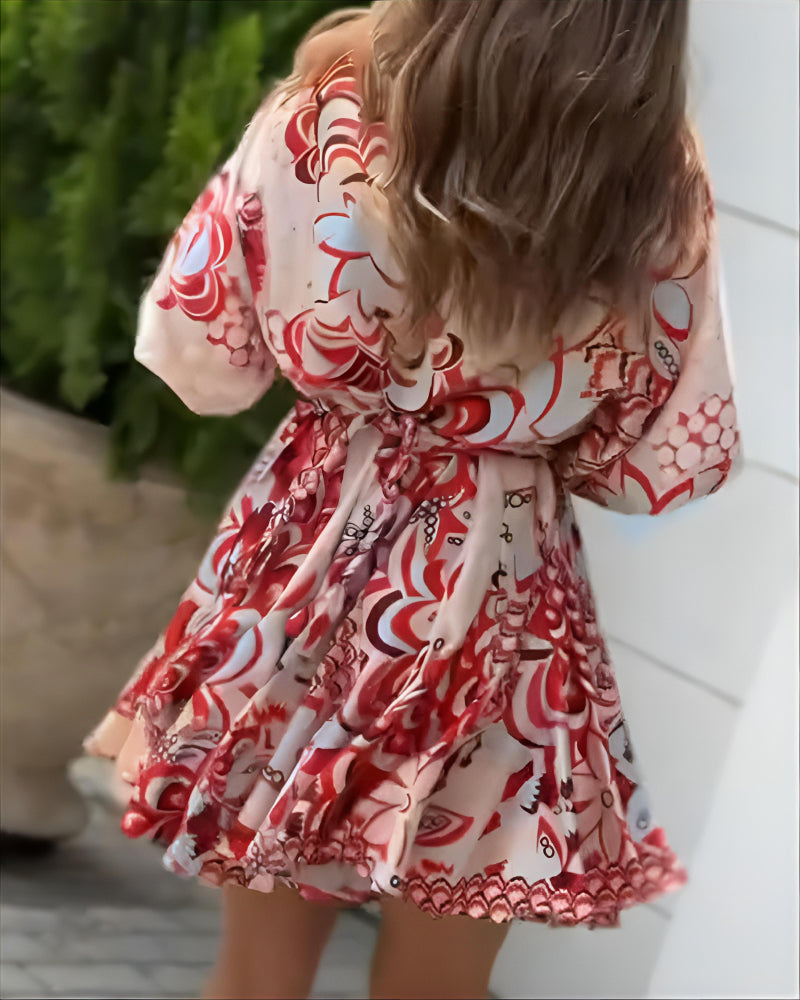 Abstract Print Puff Sleeve Mini Drress Casual Waist A Line Flared Dress