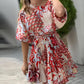 Abstract Print Puff Sleeve Mini Drress Casual Waist A Line Flared Dress